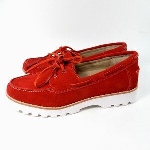 Donald Pliner Harlie Platform Loafer Boat Shoes Size 8.5 Red Suede Lug Sole NEW